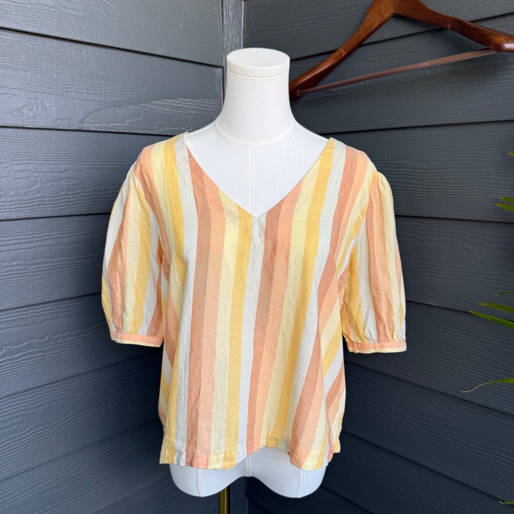 A.N.A 100% Cotton Stripe Puff Sleeve Blouse Yellow Peach V Neck Small